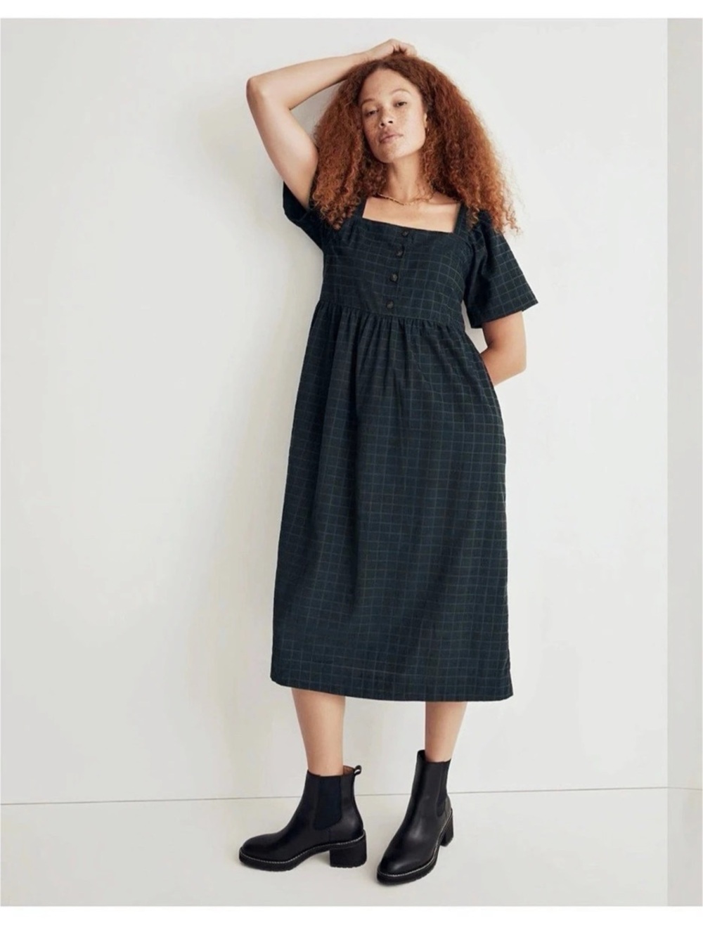 Madewell Corduroy Square-Neck Midi Dress in Windowpane Green & Black Small